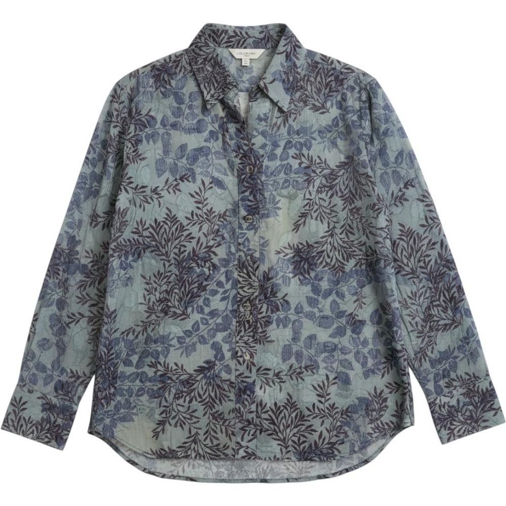 Coldwater‎ Creek Womens Petite Large Blue Green Cotton Botanical Button Blouse